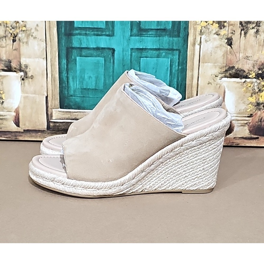 Stuart Weitzman WOMENS SZ 9.5 Marabella Beige Suede Espadrille Wedge Sandals